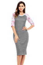 Black White Stripe Floral Sleeve Midi Dress