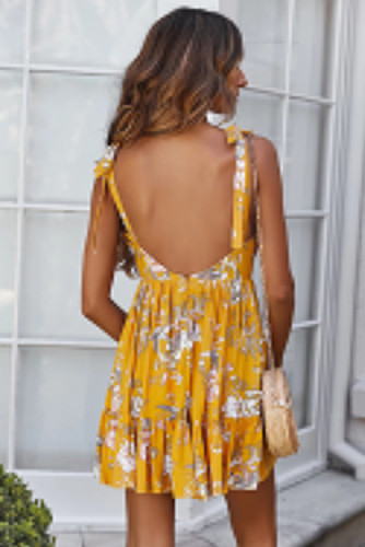Yellow Surpliced V Neck Shoulder Strap Floral Dress