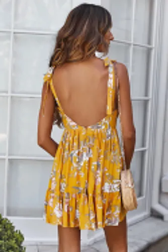 Yellow Surpliced V Neck Shoulder Strap Floral Dress