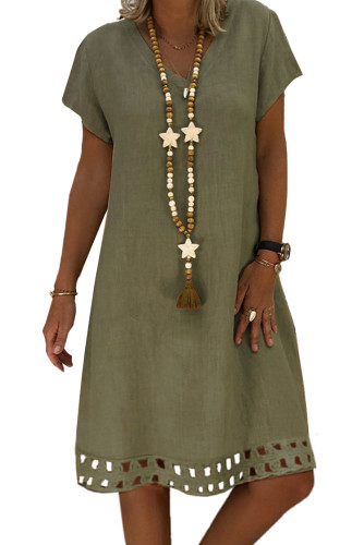 Green Short Sleeve V Neck A-Line Casual Shirt Dress