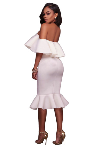 White Ruffle Off Shoulder Mermaid Midi Party Dress