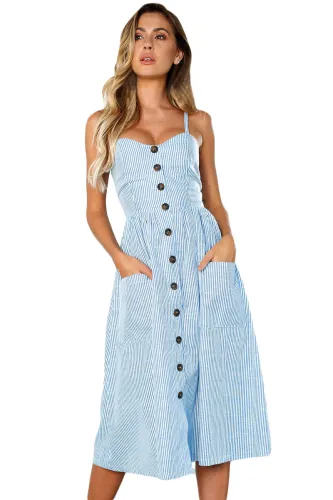 Blue White Striped Buttoned Mid Calf Dress
