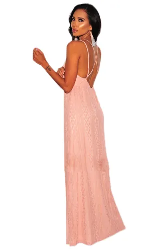 Pink Nude Illusion Crisscross V Neck Evening Dress