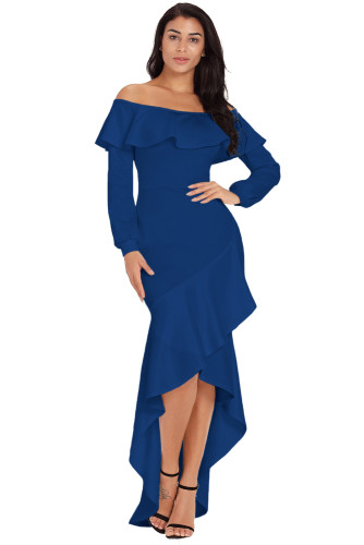 Blue Lantern Sleeve Asymmetric Ruffle Hem Evening Dress