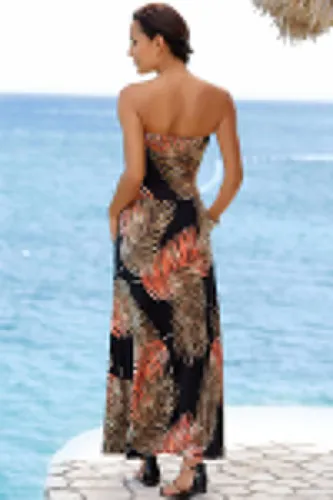 Orange Bohemian Bandeau Floral Print Maxi Dress