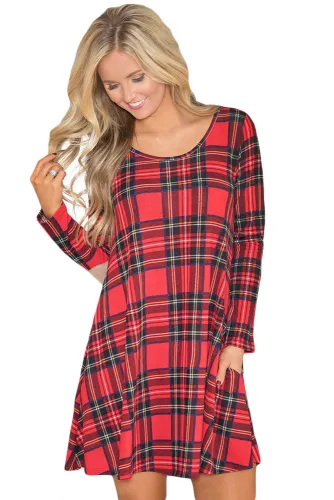 Contrast Elbow Patch Red Plaid Swing Dress