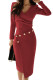 Asymmetric Button Detail Burgundy Ruched Midi Dress