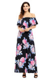 Flower Print Black Grounding Off Shoulder Long Boho Dress