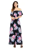 Flower Print Black Grounding Off Shoulder Long Boho Dress