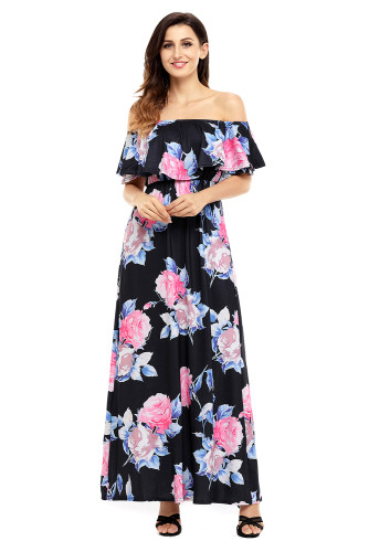 Flower Print Black Grounding Off Shoulder Long Boho Dress