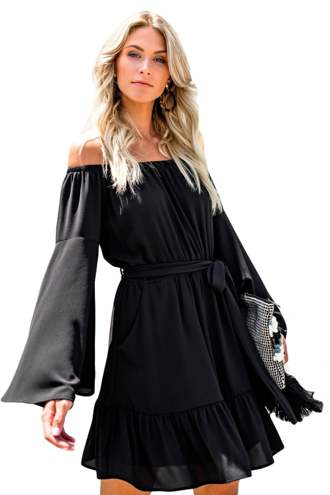 Black Pocketed Off Shoulder Flare Dress