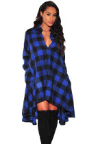 Blue Black Plaid Flared High Low Blouse Dress