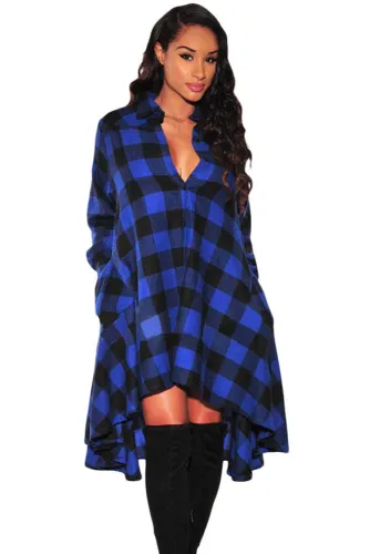 Blue Black Plaid Flared High Low Blouse Dress