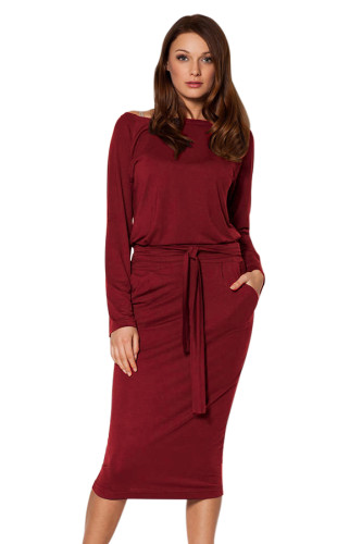 Burgundy Roll-tab Long Sleeve Tie Waist Midi Dress