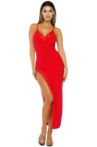 Red Side Slit Lace Trim Party Dress
