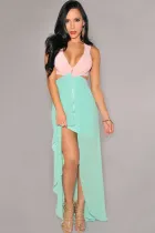 Pink Green Cut-Out Side Slit Maxi Dress