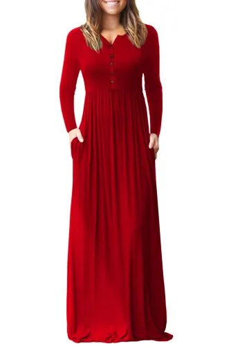 Red Long Sleeve Buttoned Casual Maxi Dress