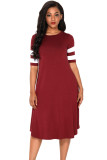Striped Half Sleeves O Neck Flowy Jersey Dress in Red