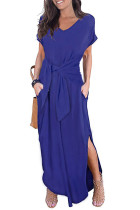 Blue Casual Loose Pocket Short Sleeve Split Maxi Dress