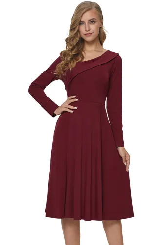 Burgundy Retro Inspired Asymmetric Collar Flared Dress