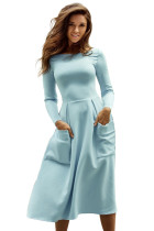 Light Blue Bateau Collar Casual Big Pocket Skater Dress