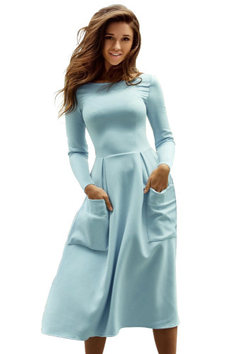 Light Blue Bateau Collar Casual Big Pocket Skater Dress