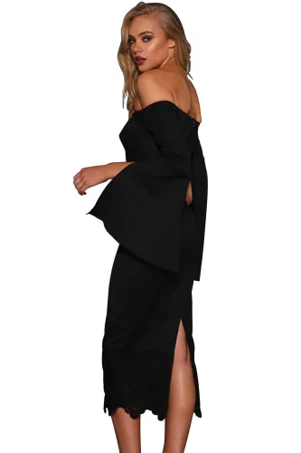 Black Split Bell Sleeve Off Shoulder Midi Dress