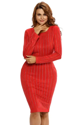 Orange Faux Suede Rhinestone Front Long Sleeves Dress