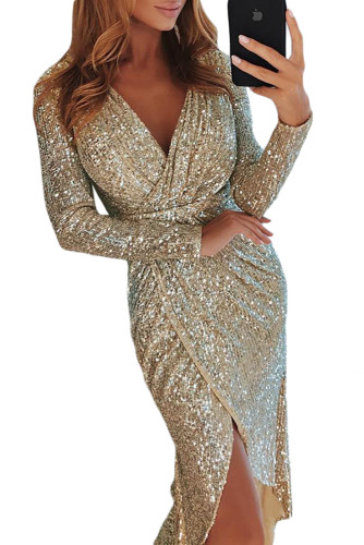 Apricot Sequins Wrapped Ruched Irregular Dress