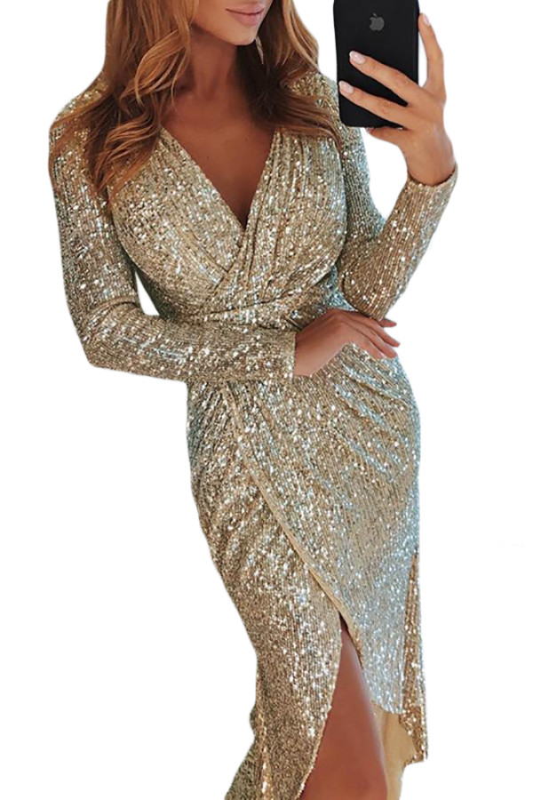Apricot Sequins Wrapped Ruched Irregular Dress