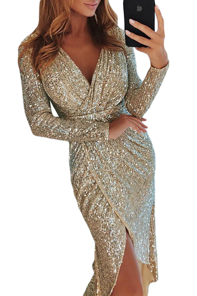 Apricot Sequins Wrapped Ruched Irregular Dress