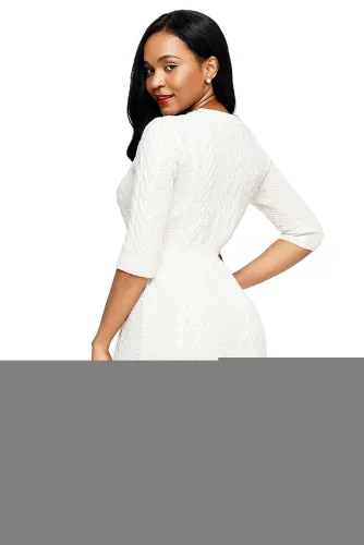 White Cable Knit Fitted 3/4 Sleeve Sweater Dress