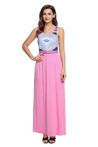 Stylish Tribal Print Sleeveless Coral Maxi Dress