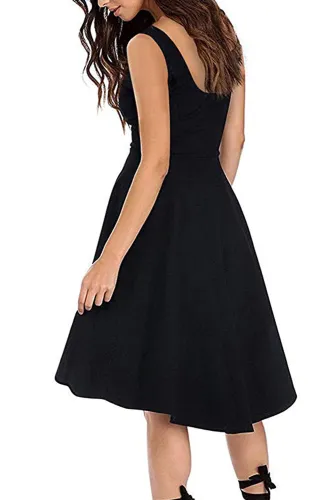 Black Sleeveless Boat Neck High Low Cocktail Skater Dress