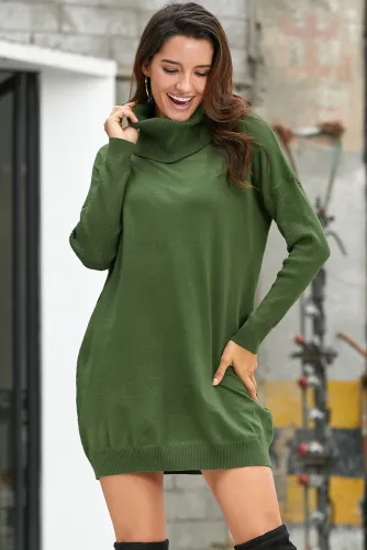 Army Green Ribbed Cowl Neck Lightweight Sweater Dress