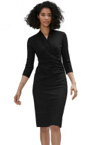 Black Long Sleeve Pleated Wrap Midi Dress