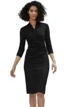 Black Long Sleeve Pleated Wrap Midi Dress