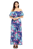 Flower Print Blue Grounding Off Shoulder Long Boho Dress
