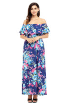Flower Print Blue Grounding Off Shoulder Long Boho Dress