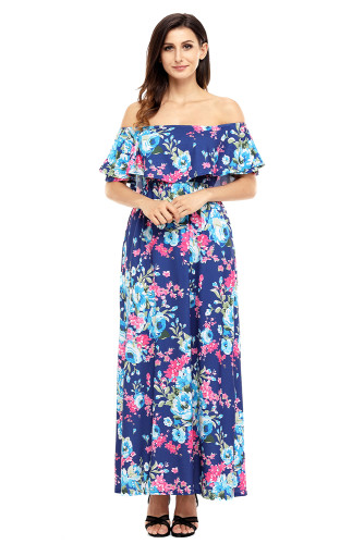 Flower Print Blue Grounding Off Shoulder Long Boho Dress