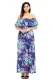 Flower Print Blue Grounding Off Shoulder Long Boho Dress
