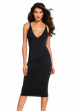 Black Double Straps Cross Back V Neck Calf Length Dress