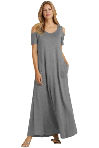 Gray Cold Shoulder Pocket Style Maxi Dress