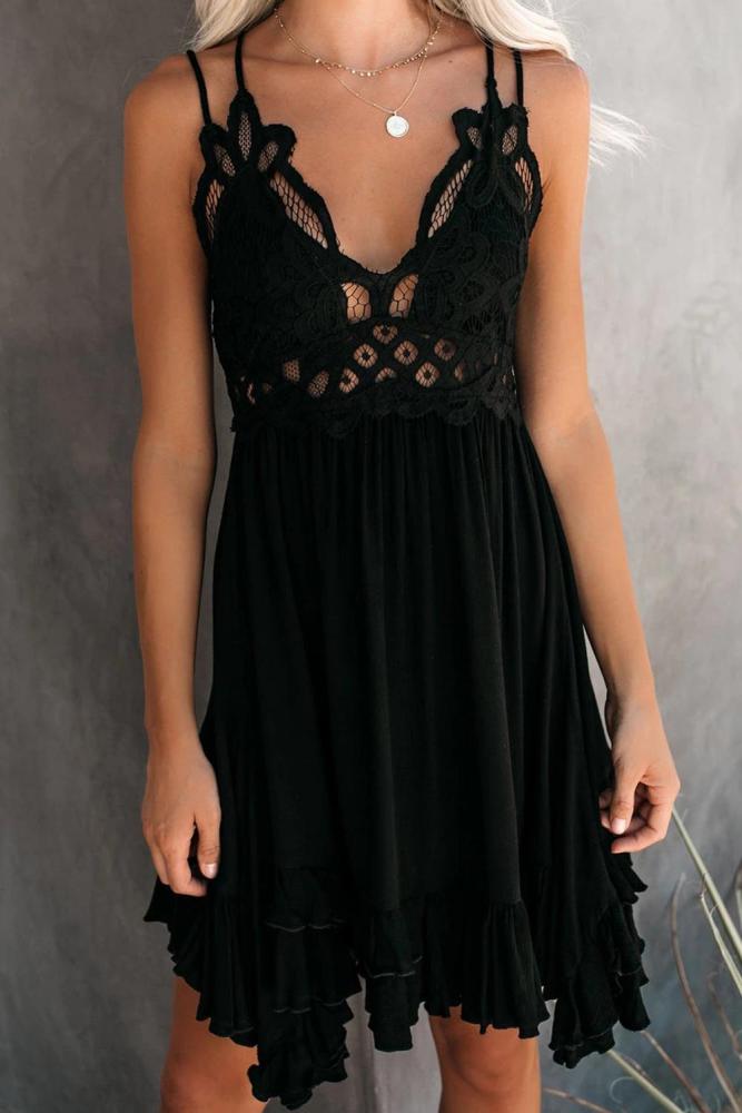 Black Crochet Lace Ruffle Dress