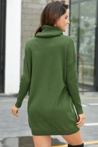 Army Green Ribbed Cowl Neck Lightweight Sweater Dress