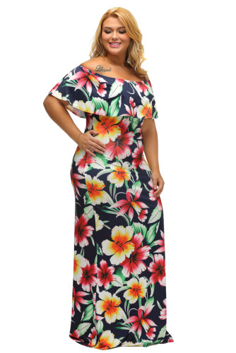 Navy Blue Roses Print Off-the-shoulder Maxi Dress