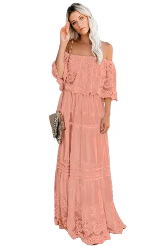 Pink Flower Child Off The Shoulder Lace Maxi Dress