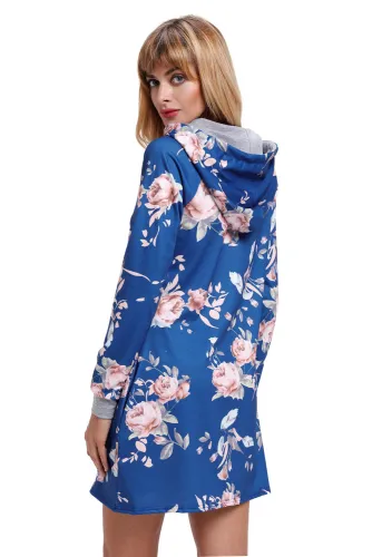 Slate Blue Floral Print Drawstring Hoodie Dress
