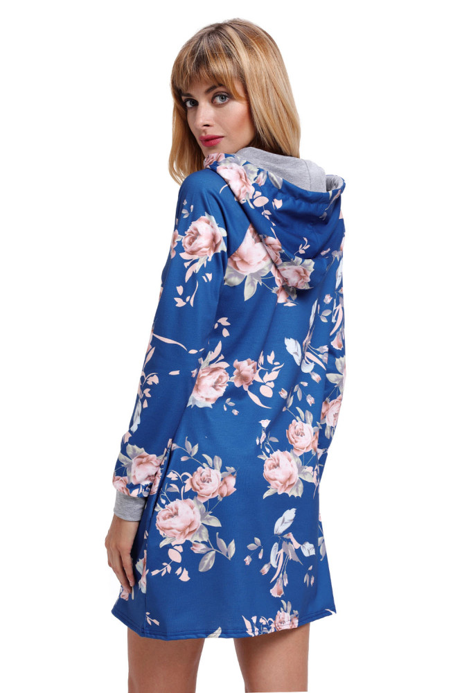 Slate Blue Floral Print Drawstring Hoodie Dress