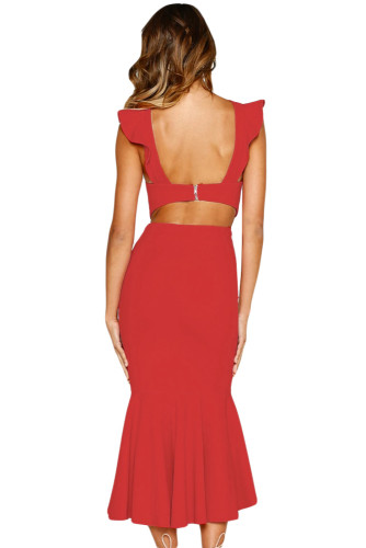 Red Mermaid Princess Ruffled Party Dress